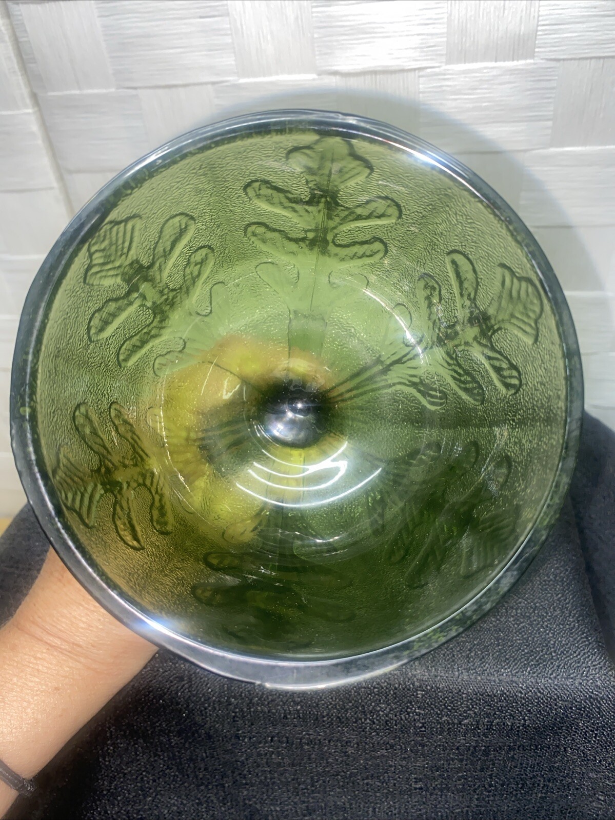 Vintage FTD 1975 Green Glass Oak Leaf Goblet Candy Dish Vase