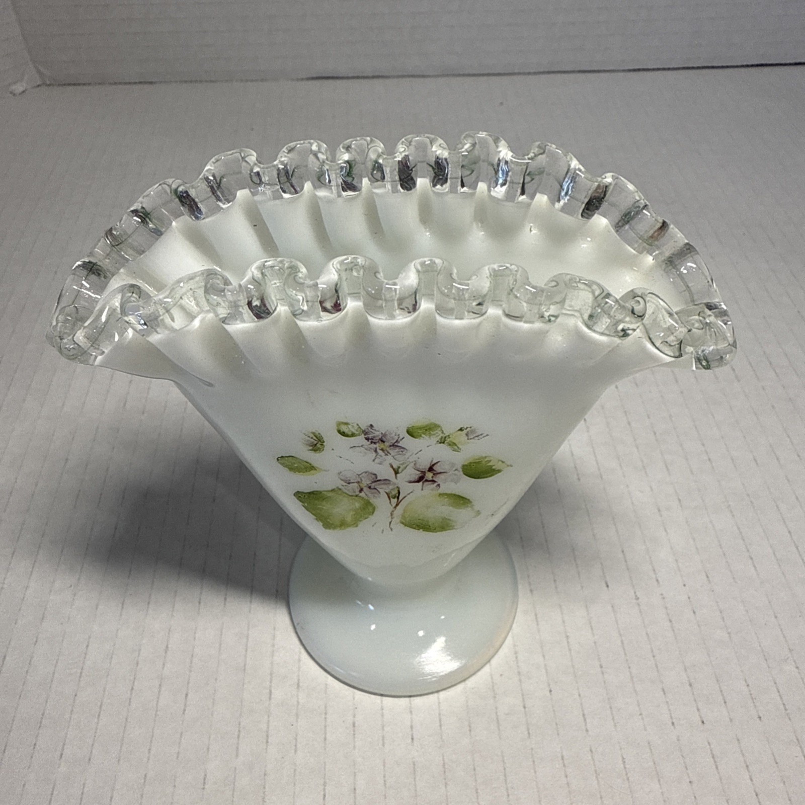 Fenton Violets in the Snow Fan Vase Hand Painted