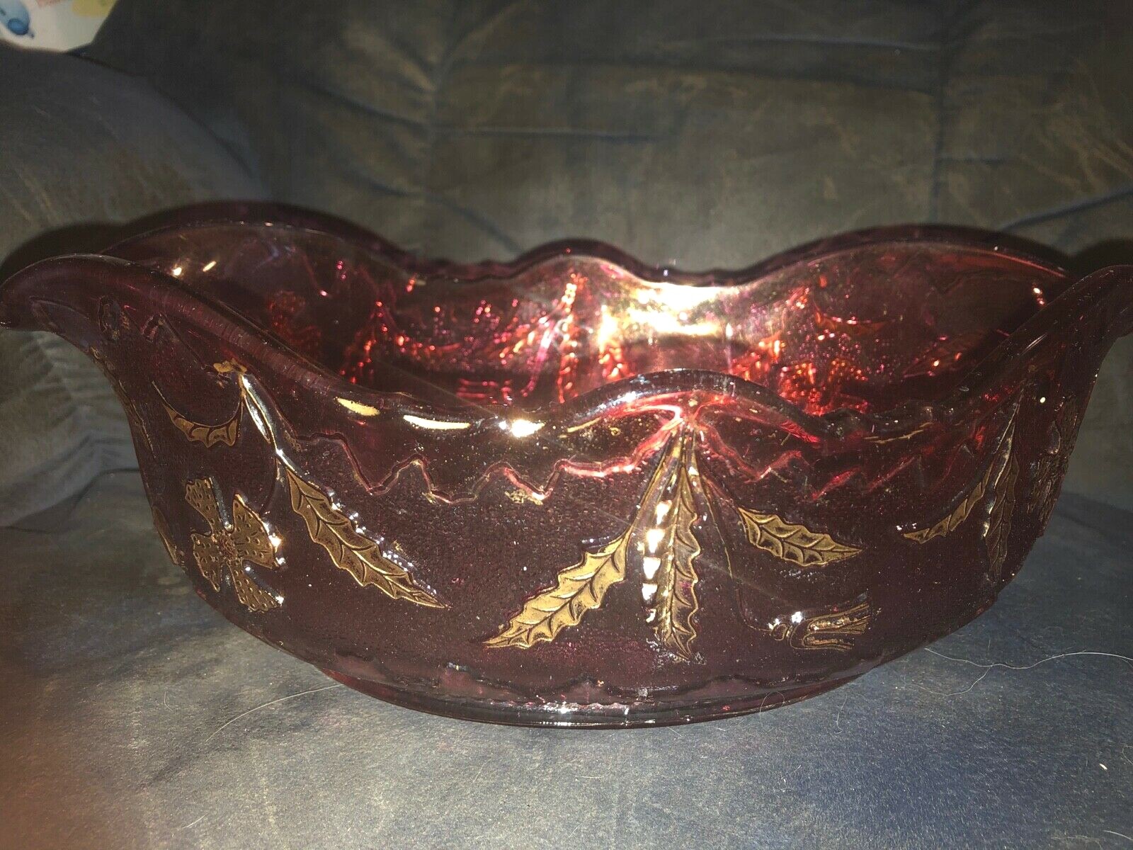 US GLASS TIFFIN 11.5″ DELAWARE 1899 CRANBERRY/GOLD FLORAL OVAL CENTERPIECE BOWL