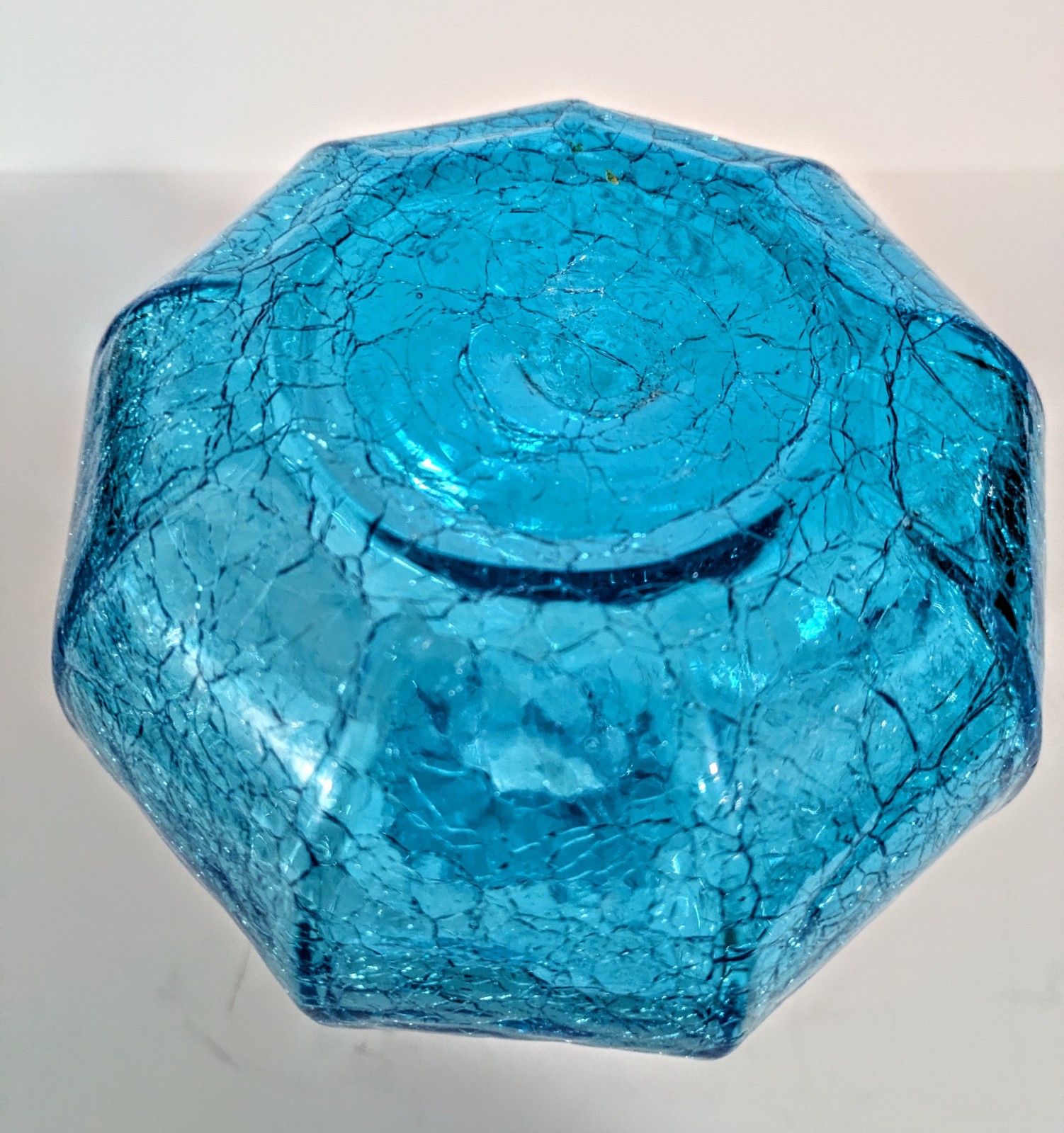 1960’s Indiana Handcraft BISCHOFF Crackle Glass Water Bottle MOLD # 253 Blue Rib