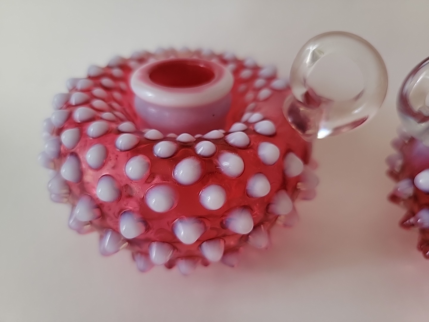 2 Vintage Fenton Cranberry Hobnail Opalescent Candlestick Holders Finger Loop
