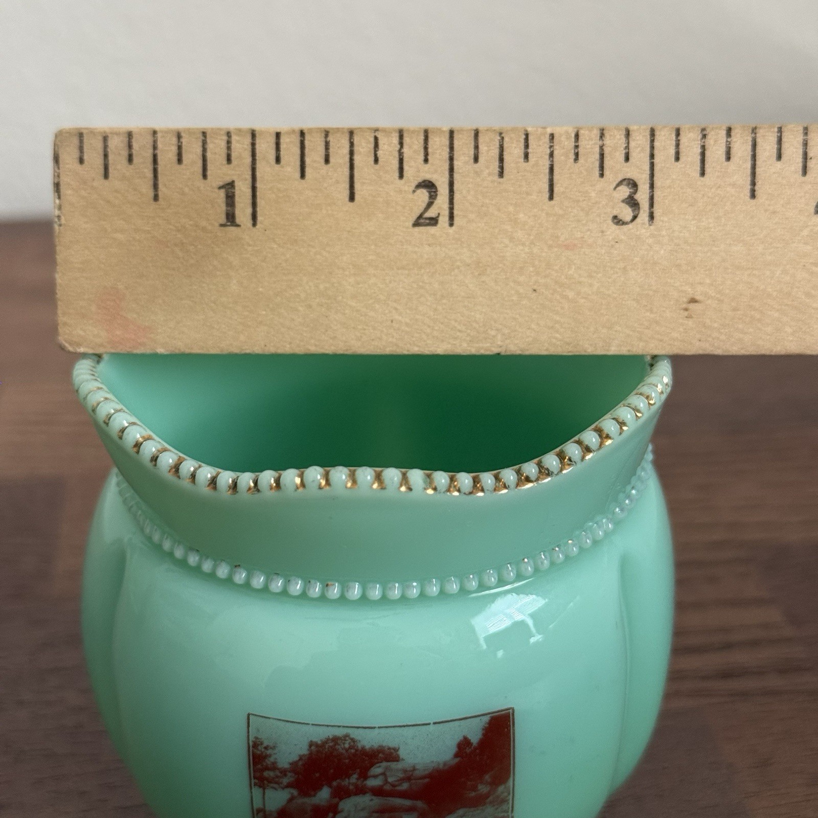 Antique Jadeite Uranium Glass Gettysburg Devil’s Den Souvenir Planter Vase