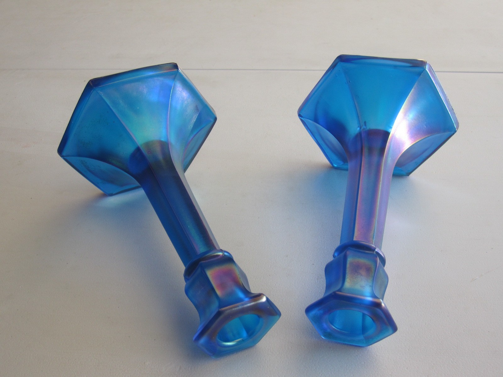 Pair Sapphire Blue Northwood Carnival Stretch Glass #657 Pattern Candle Sticks