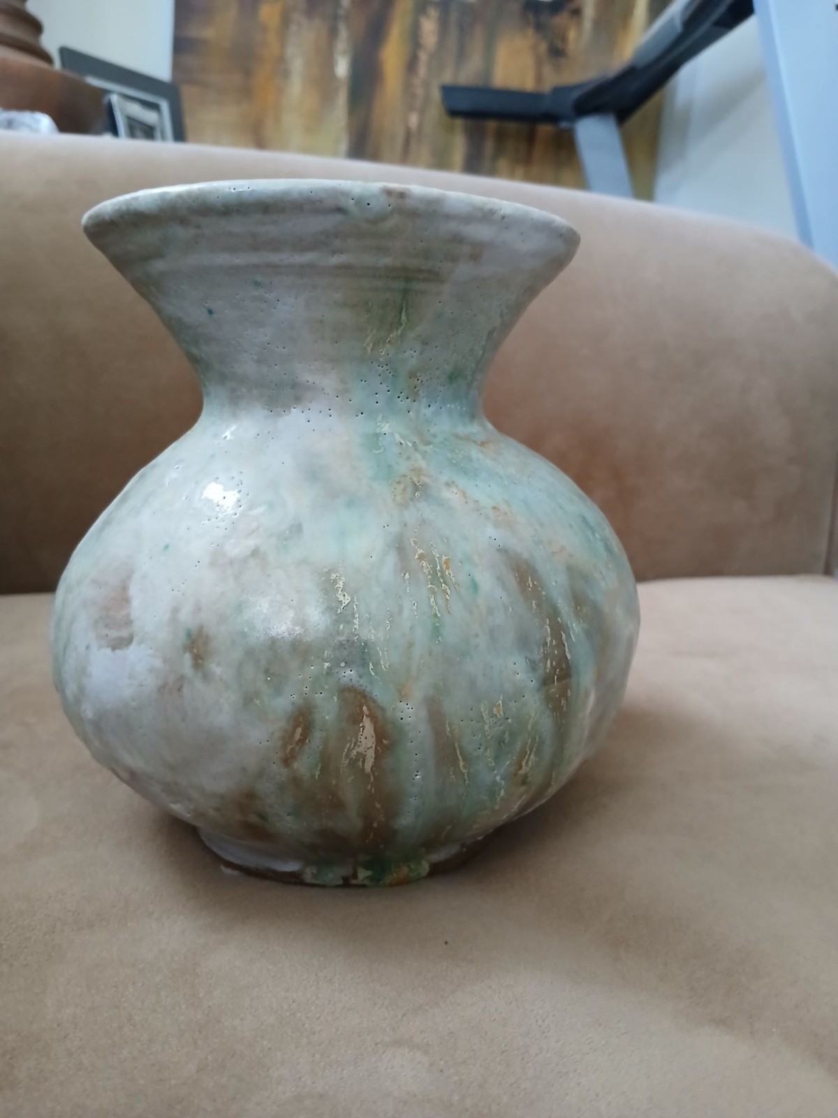Handcrafted Ceramic Vase Signed A. Brauer ’95 Green & Beige Glaze Finish 6.5″