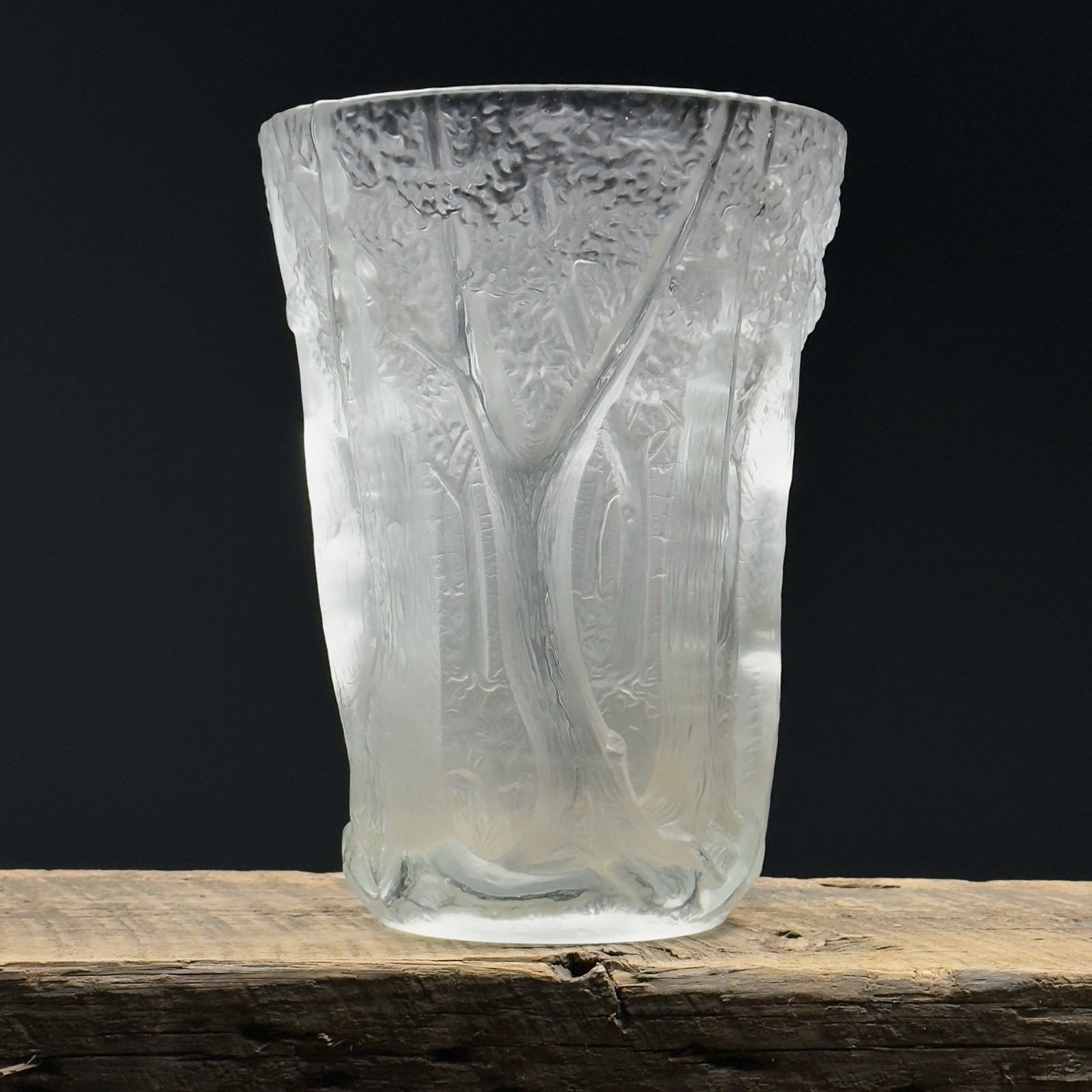 Vintage Art Deco Molded Bas-Relief Frosted Glass Vase with Sculpted Trees/Forest