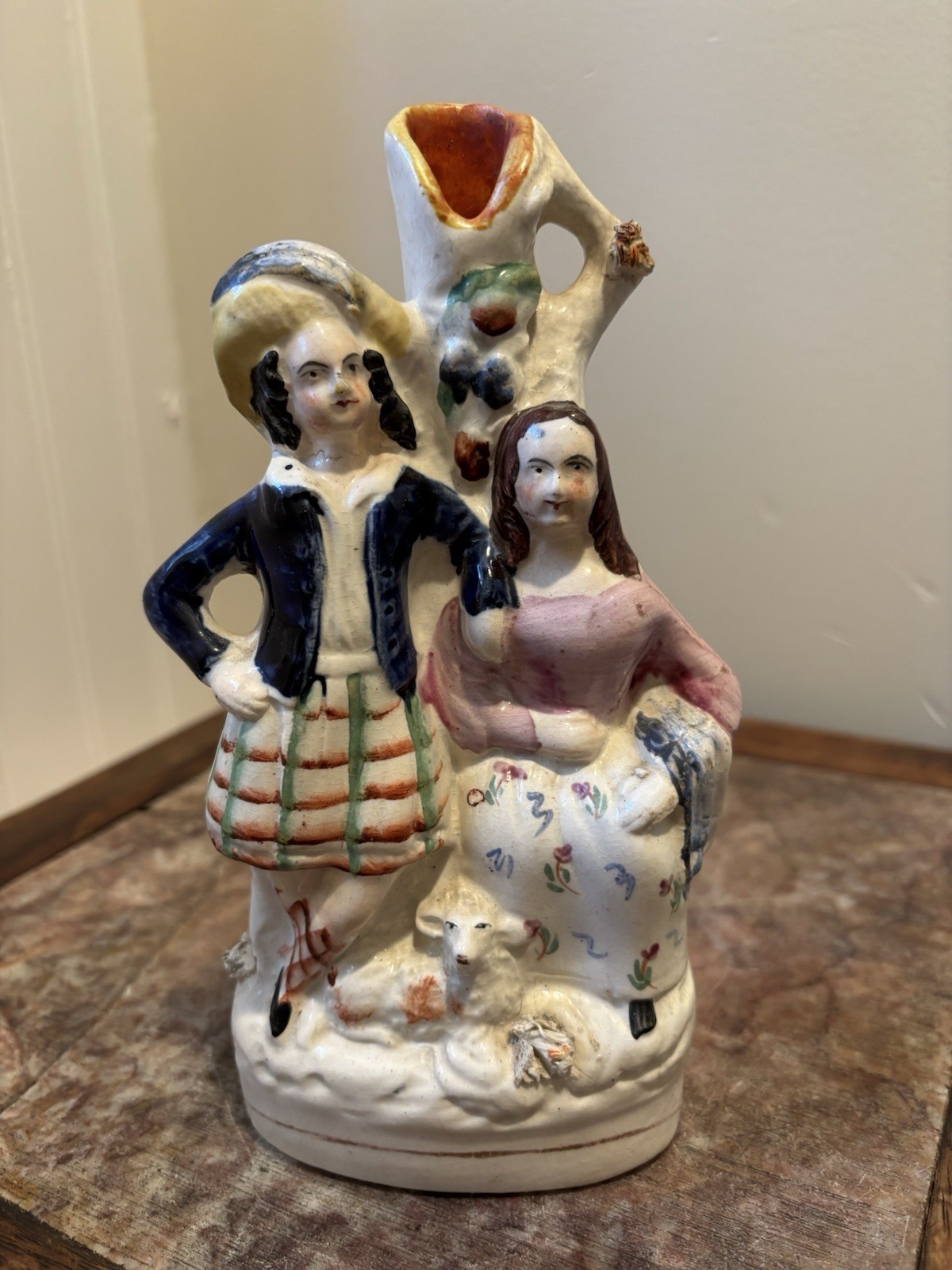 Staffordshire Earthenware Figurine Of Boy And Girl, Spill Vase, Antique