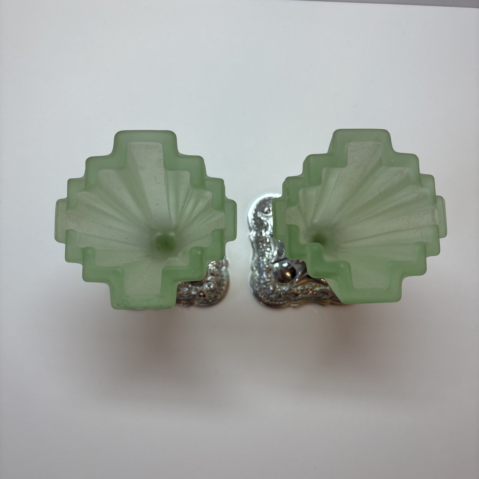 Vintage pair bagley grantham art deco frosted green glass vases chrome base