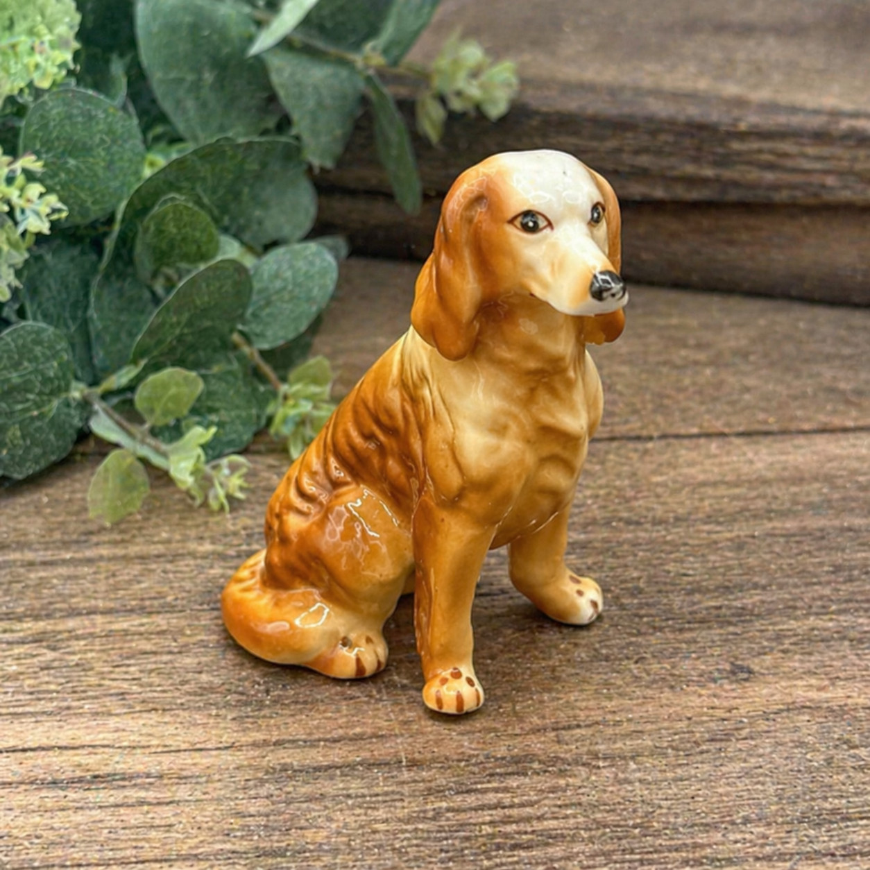 Vintage Ceramic Spaniel Dog Figurine Glossy Finish Brown White Decor