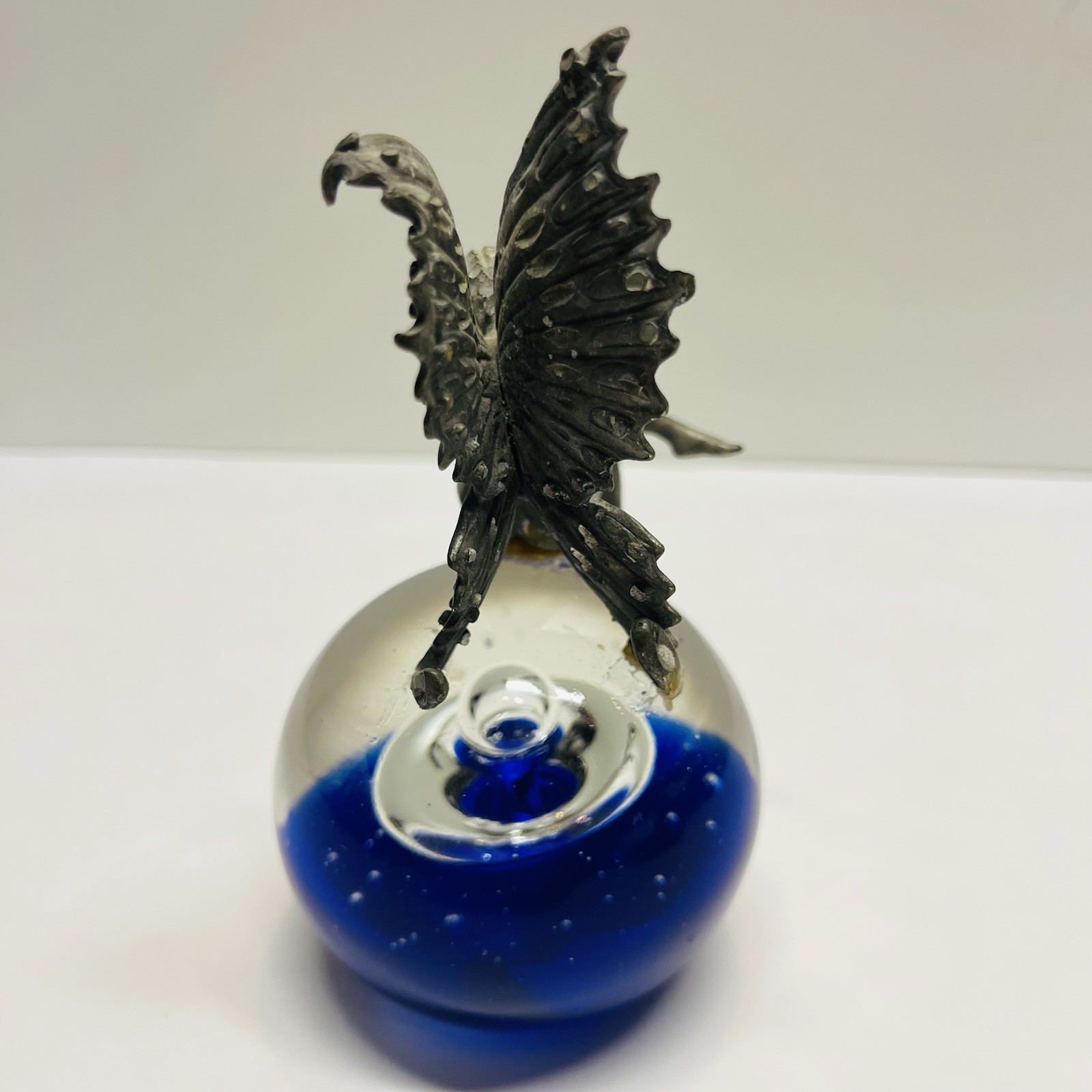 Pewter Fairy Sitting On Cobalt Blue Controlled Bubbles Art Glass Paper Weight