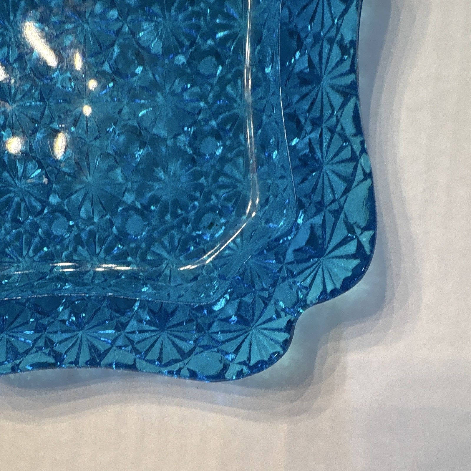 Blue Square Pressed Glass Starburst Theme Ashtray, Pressed Glass Technique