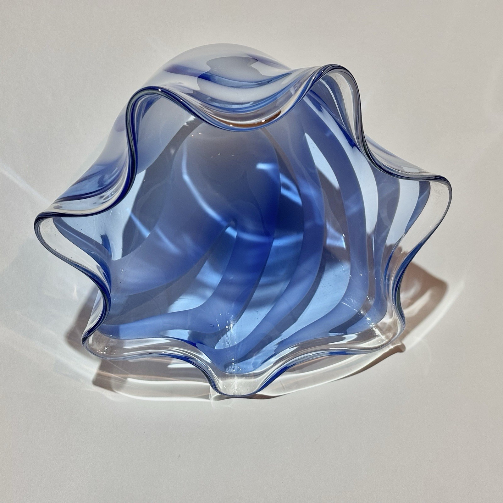 Vintage Blue and White Swirl Ruffled Edge Handmade Art Glass Handkerchief Vase