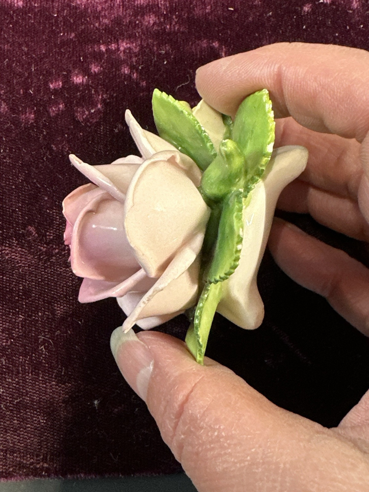 Vintage Handarbeit KSK Porcelain Pink Rose/Yellow Rose Bud/Green Leaves