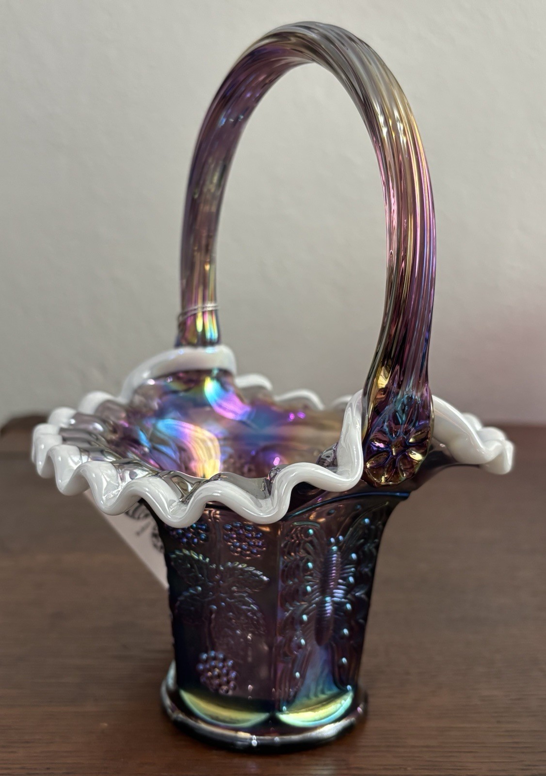 Fenton Purple Carnival Art Glass Butterfly & Berry Basket with Milk Ruffle Edge