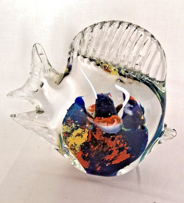 Vintage Murano Style Art Glass Angelfish Paperweight Hand Blown Tropical Fish Fi