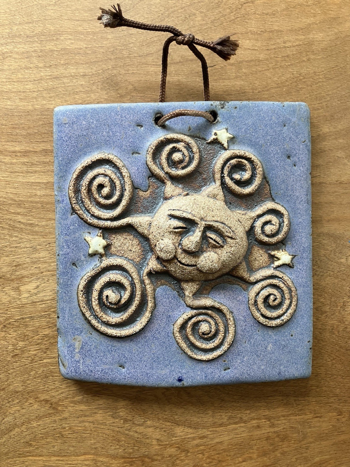Studio Pottery Signed Tile wall plaque Sun stars unusual hanging mcm Retro