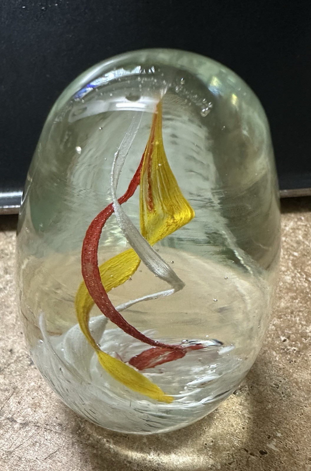 Blown Art Glass Paperweight Yellow Orange White Spiral Egg Shaped Mid Century