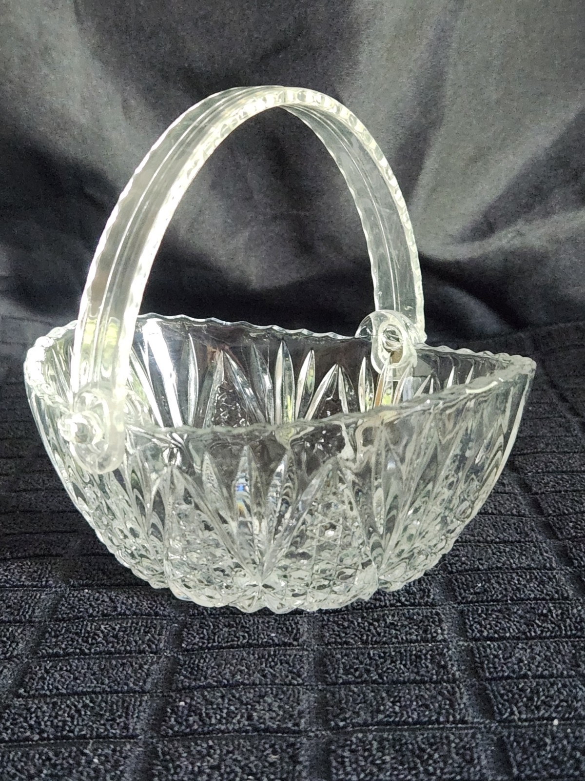 Vintage Glass Basket with Plastic Handle • Pressed Glass Diamond Pattern 5¼”×4½”