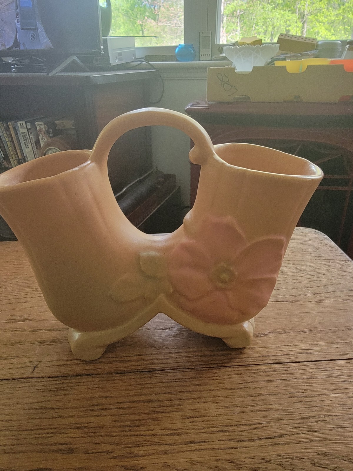 Weller Pottery Wild Rose Double Vase w/ Handle Peach/Pink/Green
