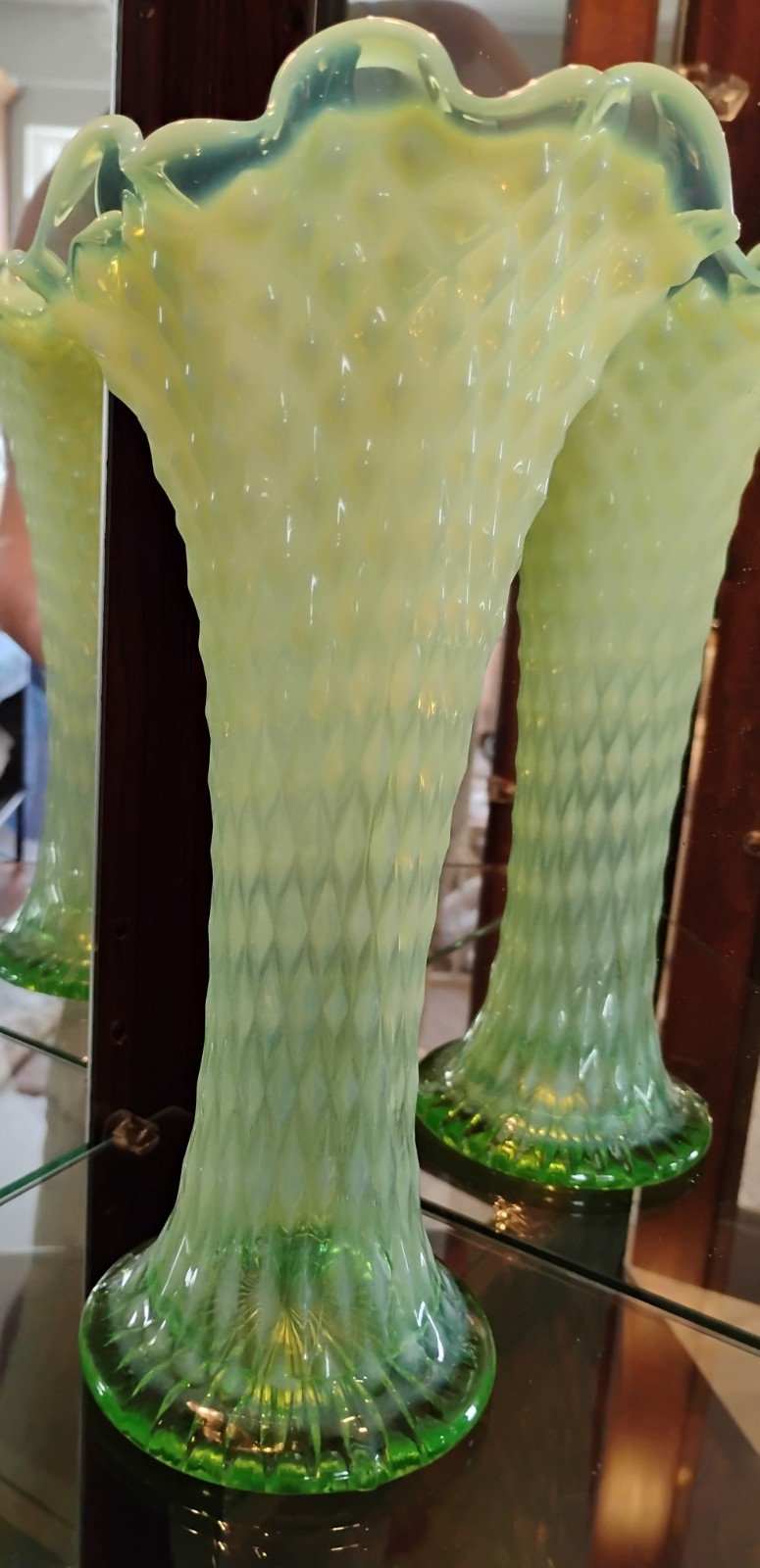 Vintage Northwood Diamond Point Green Opalescent Swung Vase