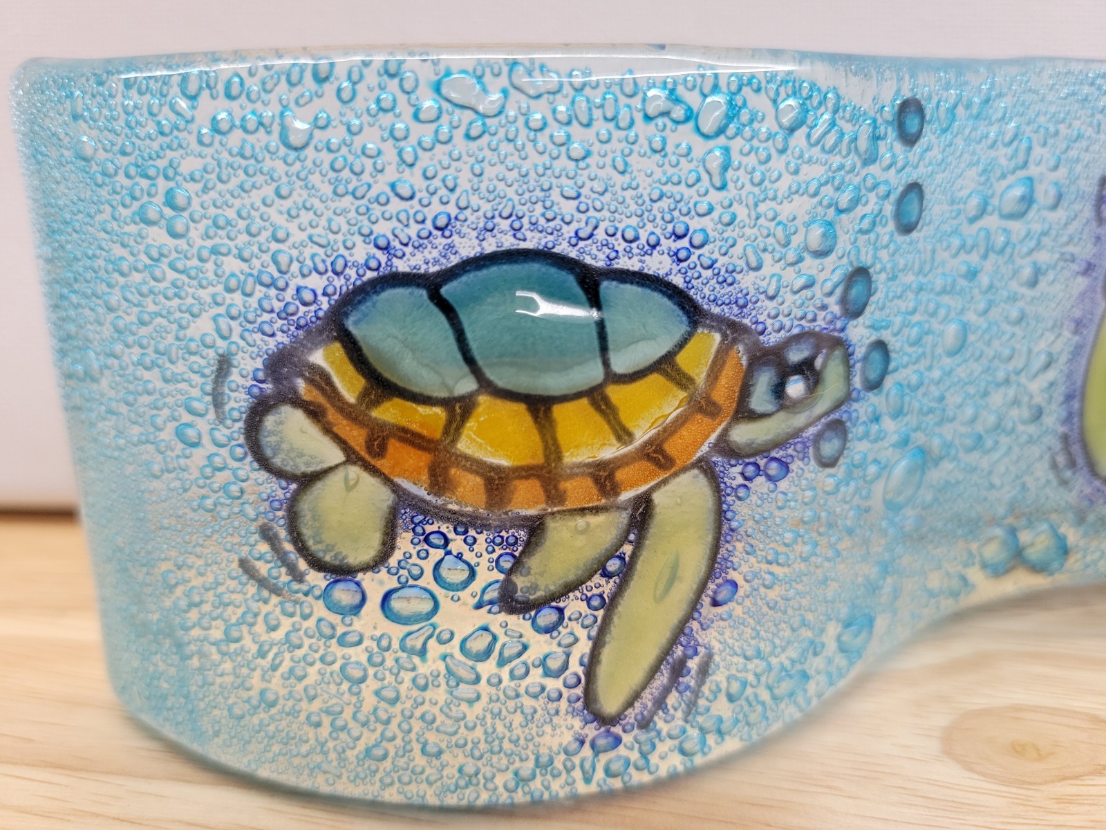 Galapagos Fused Glass Sea Turtle Wave Sculpture Signed Art Glass Ocean Decor 7″