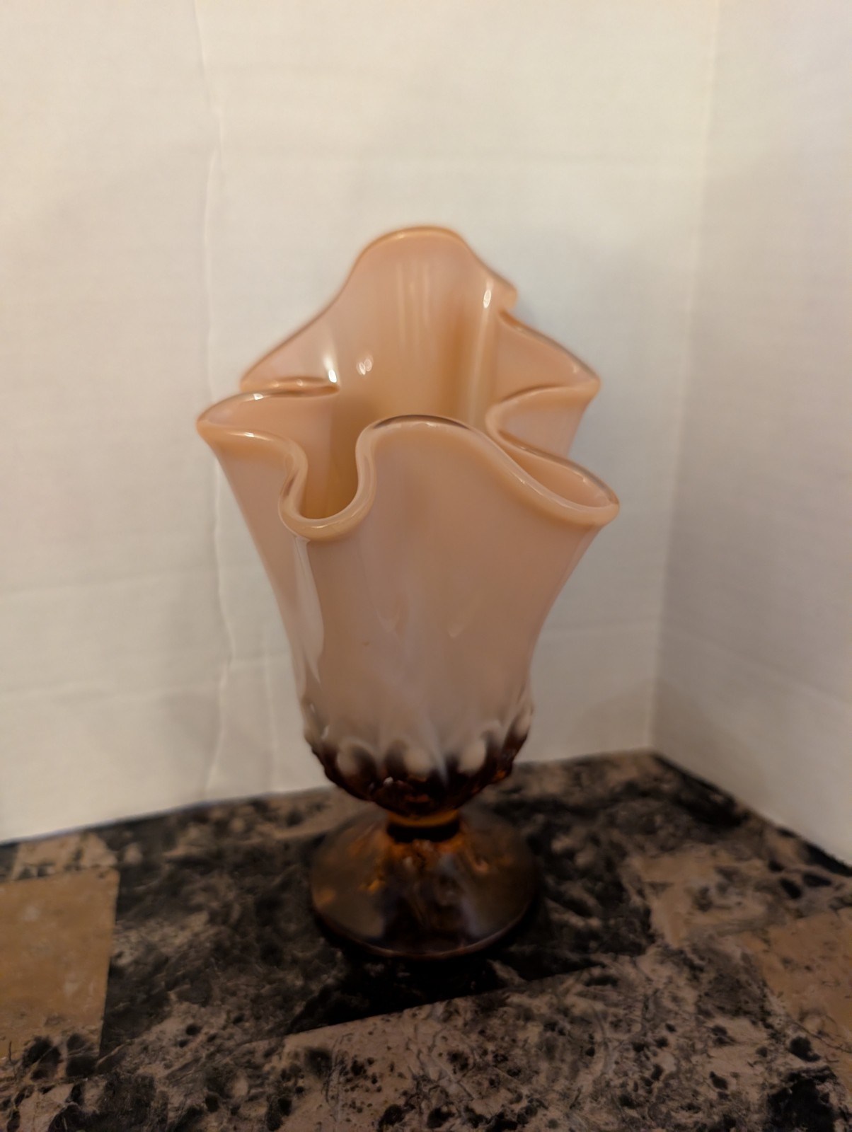VTG 7″ Fenton Cameo Opalescent Amber Lily of the Valley Handkerchief Vase