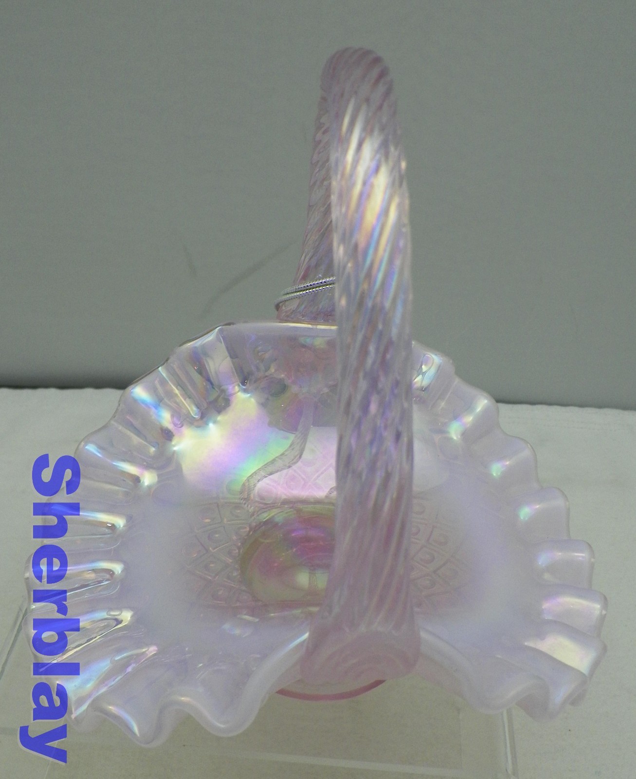 Vintage Mini Fenton Art Glass Pink Lavender Opalescent Basket Ruffled Candy Dish