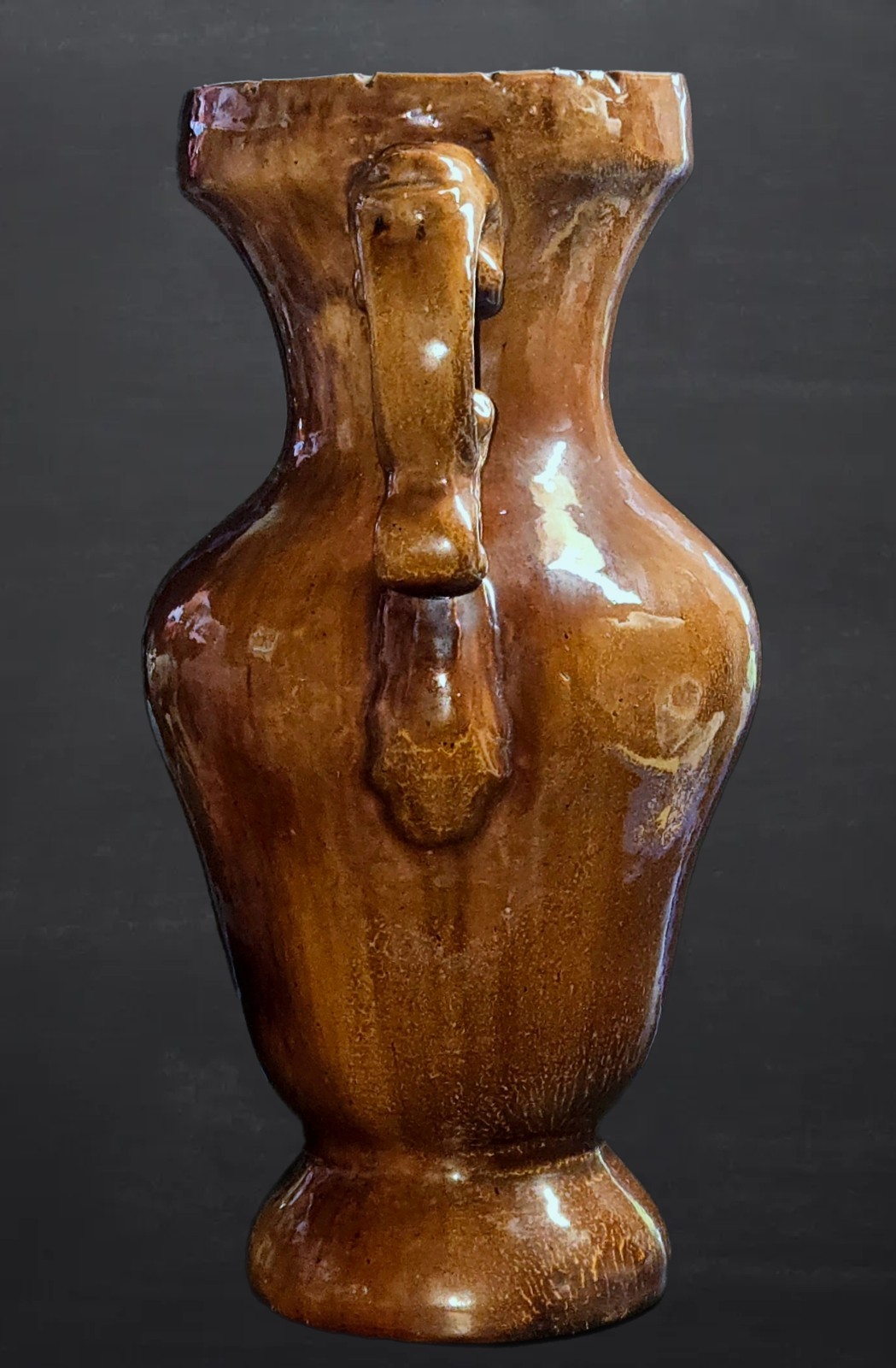 Mid-20th-Century Double Handle Earthenware Urn Vase Unmarked Brown Treacle Glaze