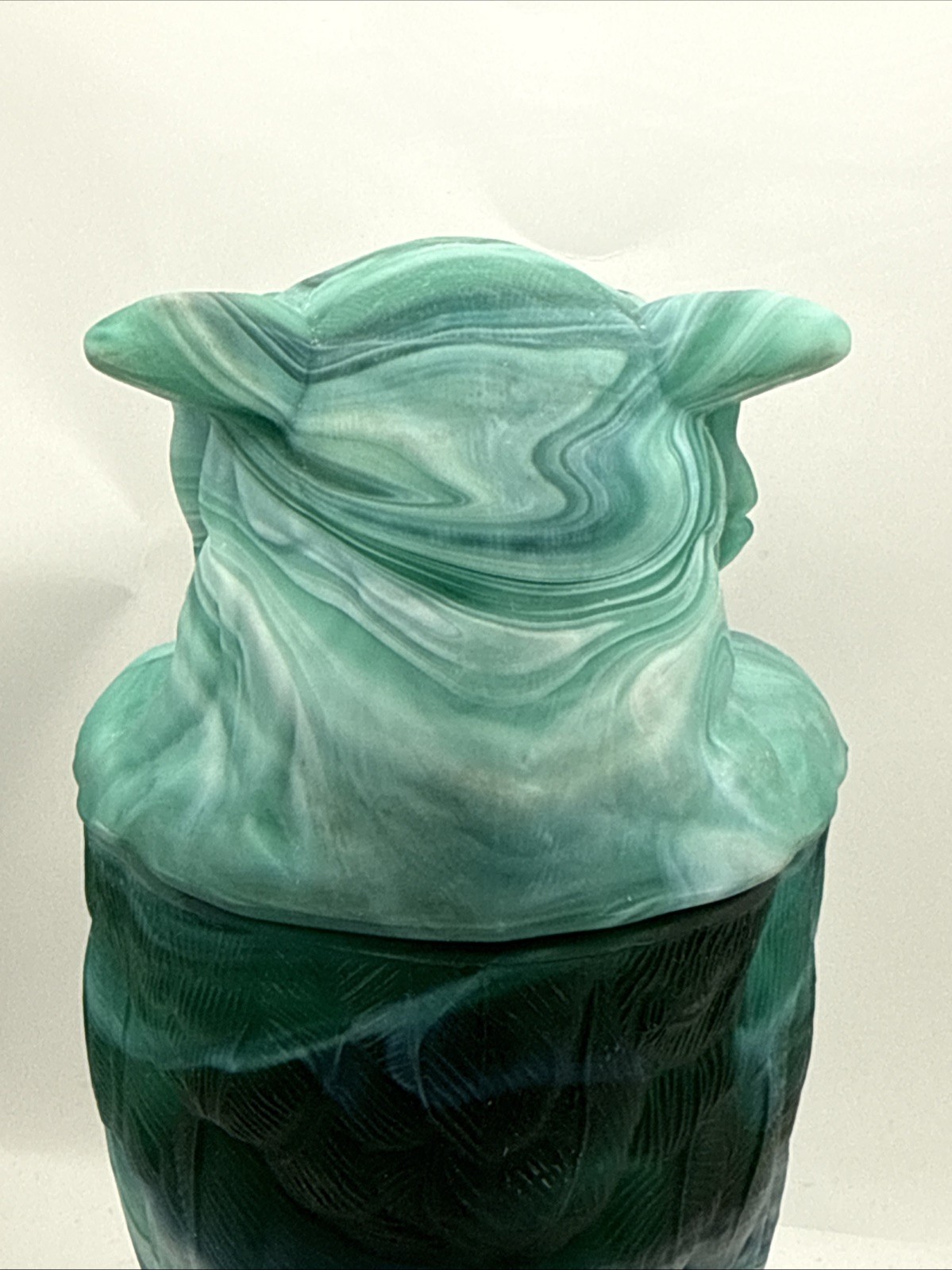 Vintage IMPERIAL SLAG GLASS OWL GREEN JADE SATIN COVERED JAR 6 1/2″ Marked IG