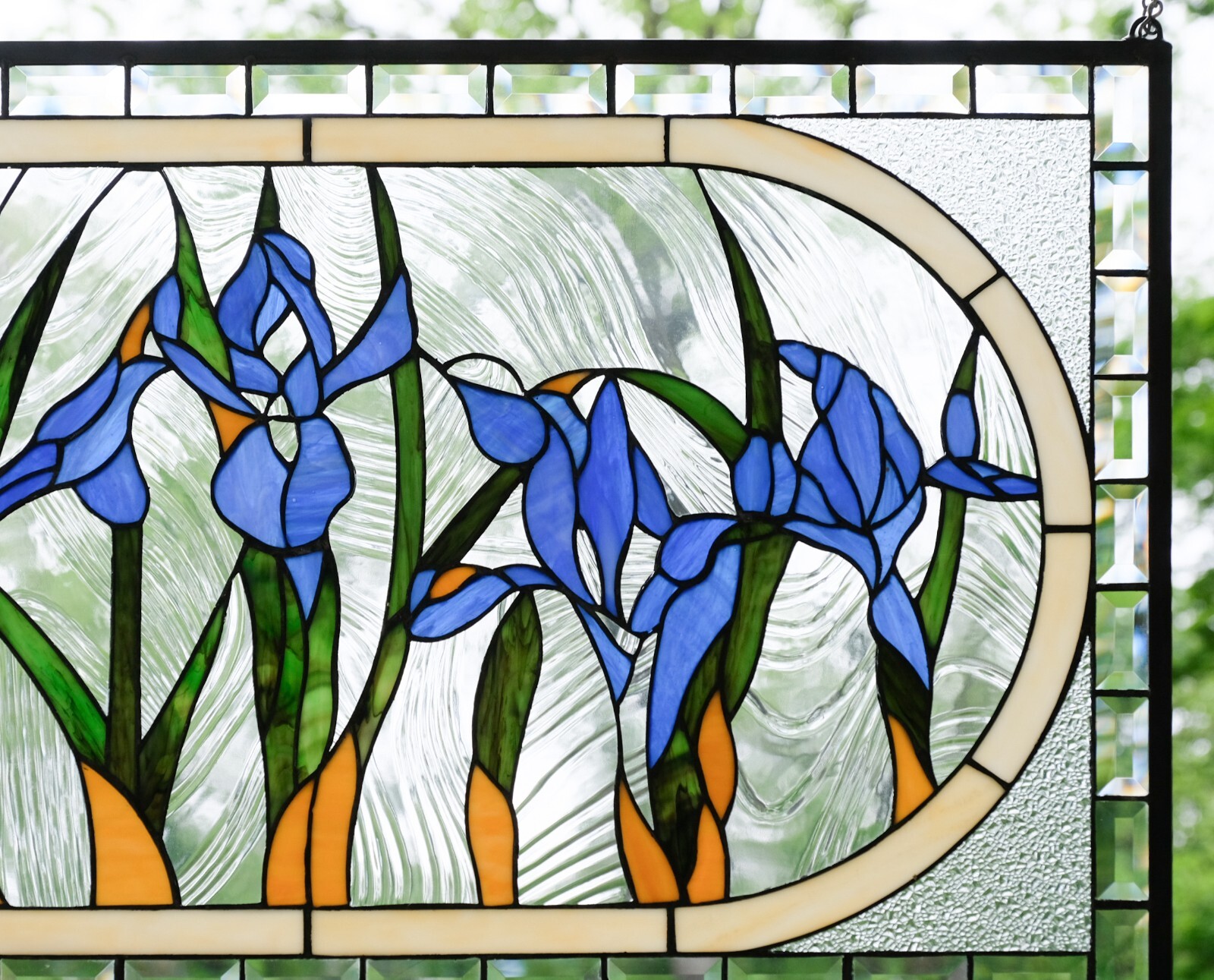 34.25″L x 20″H Handcrafted stained glass window panel Iris Flowers