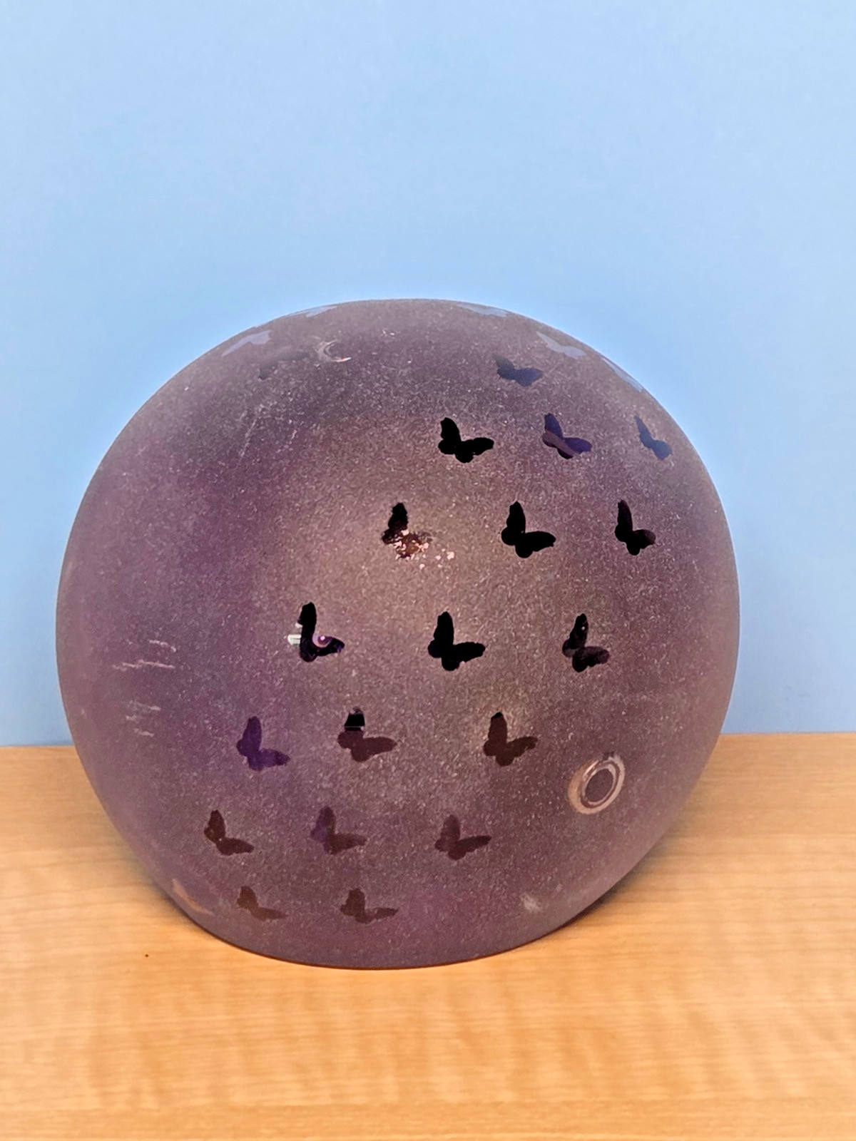 Vintage Frosted Blue Purple Glass Desk Paperweight With Butterfly Design