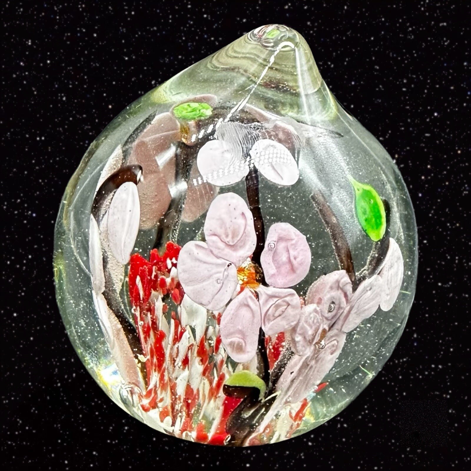 Czech Art Glass Peach Shaped Paperweight Cherry Blossom Tree Glass Orb Round 3”W