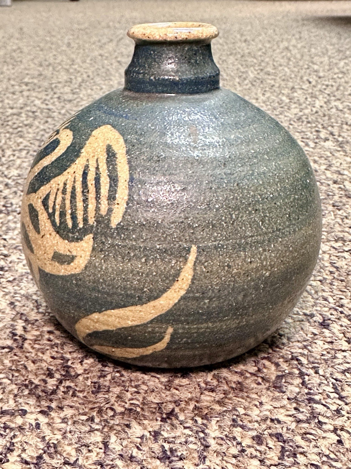 Handcrafted Signed Stoneware Bud Vase by Castaix Blue Glaze with Phoenix Design