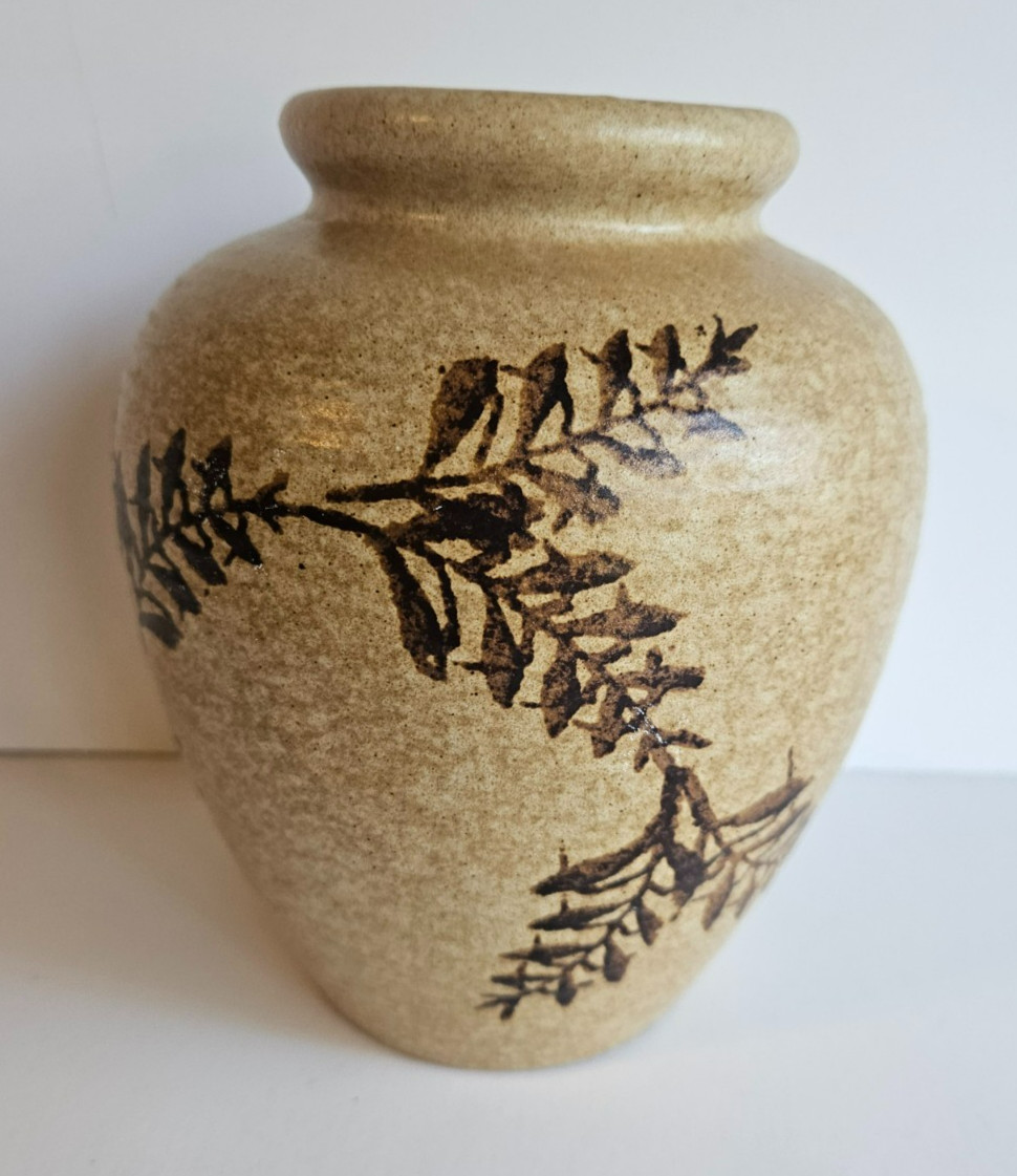 Clay Art Pottery Coil Pot Vase with Fern Design Handmade Tan Brown