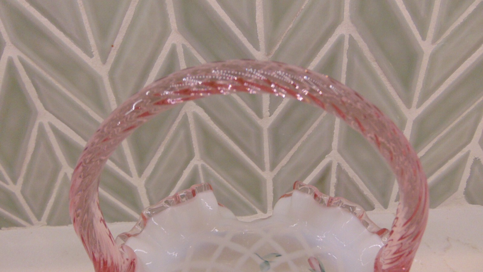 Fenton Pink/White/Clear Opalescent Hand Painted Trellis Basket Signed D Wright