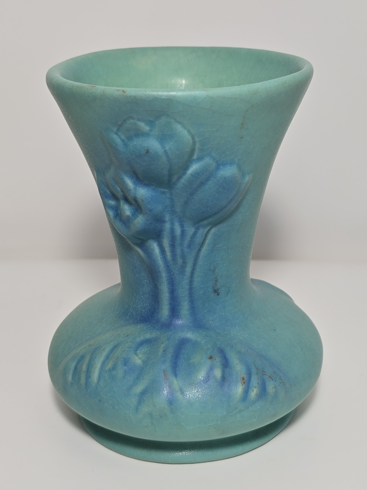 Van Briggle Vase Blue Green Glaze Signed Colorado Springs Tulips