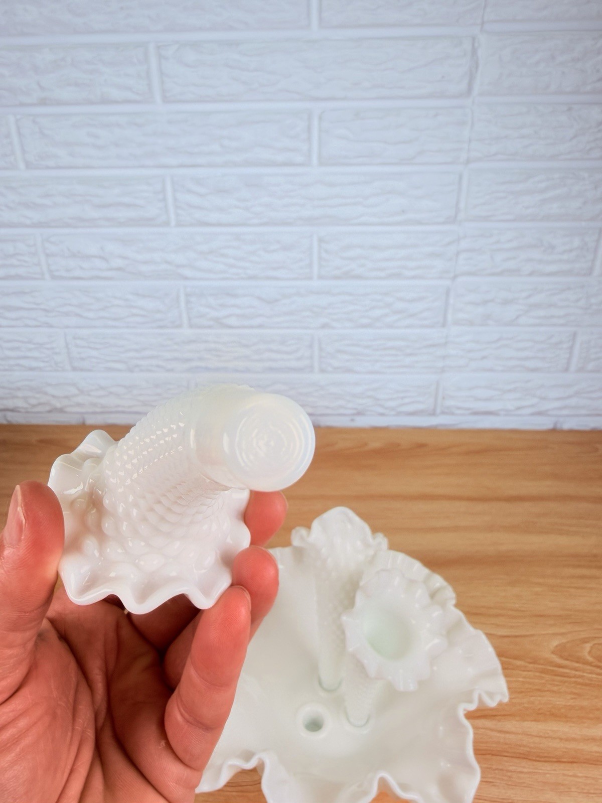 Vintage Fenton Hobnail White Milk Glass 3 Horn Epergne Vase Ruffled Bowl