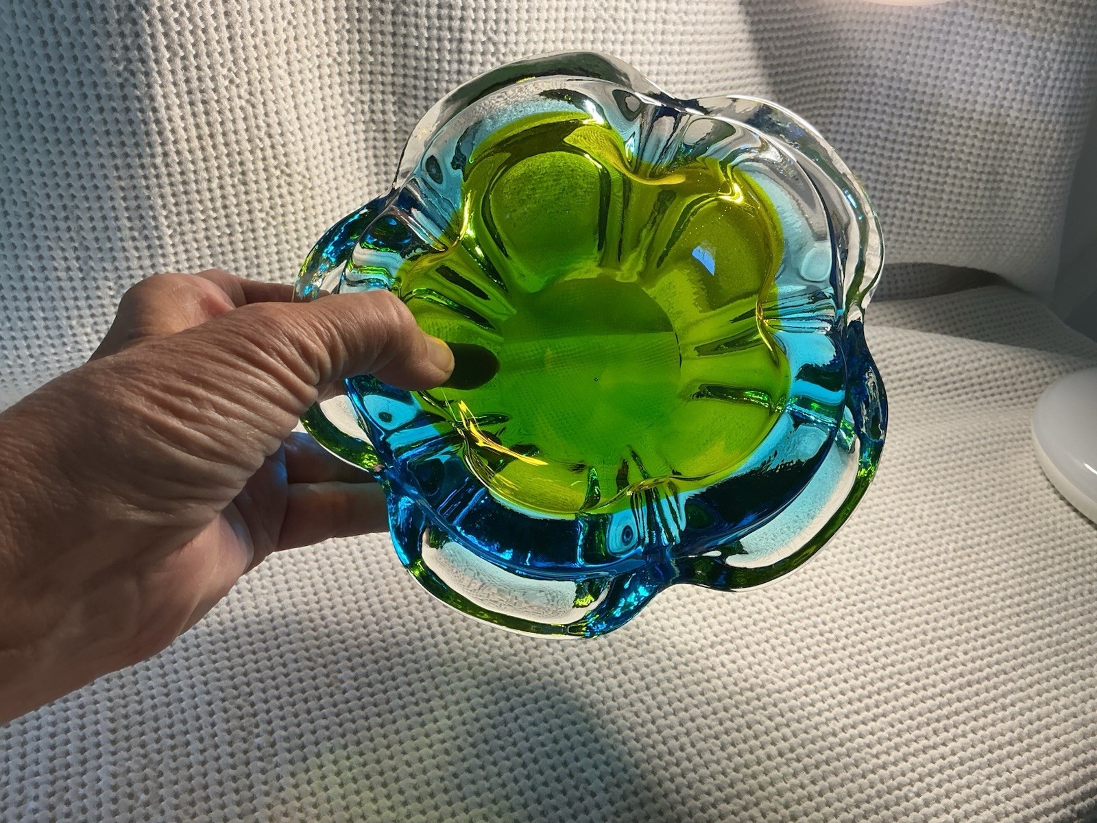 Murano Sommerso Blue Green Yellow Ashtray Flower Shape Bowl Italian Art Glass