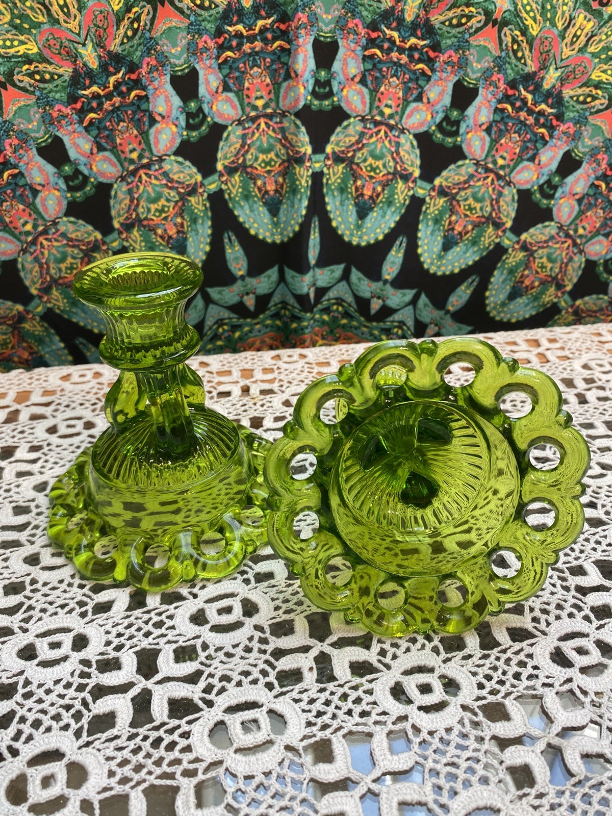 Westmoreland Doric Open Lace Single Glass Pair Of Candleholders Moss Green Set 2