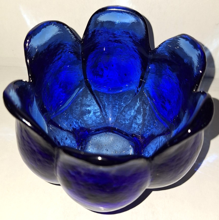 VTG COBALT BLUE GLASS 6 PETAL TULIP FOOTED FLOWER BOWL VASE CANDLE HOLDER SPAIN