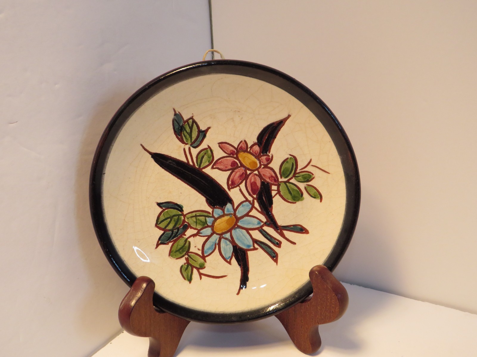 Redware Glazed Wall Hanging Decorative Plate, Signed F023 CSM, 5 and 7/8 in