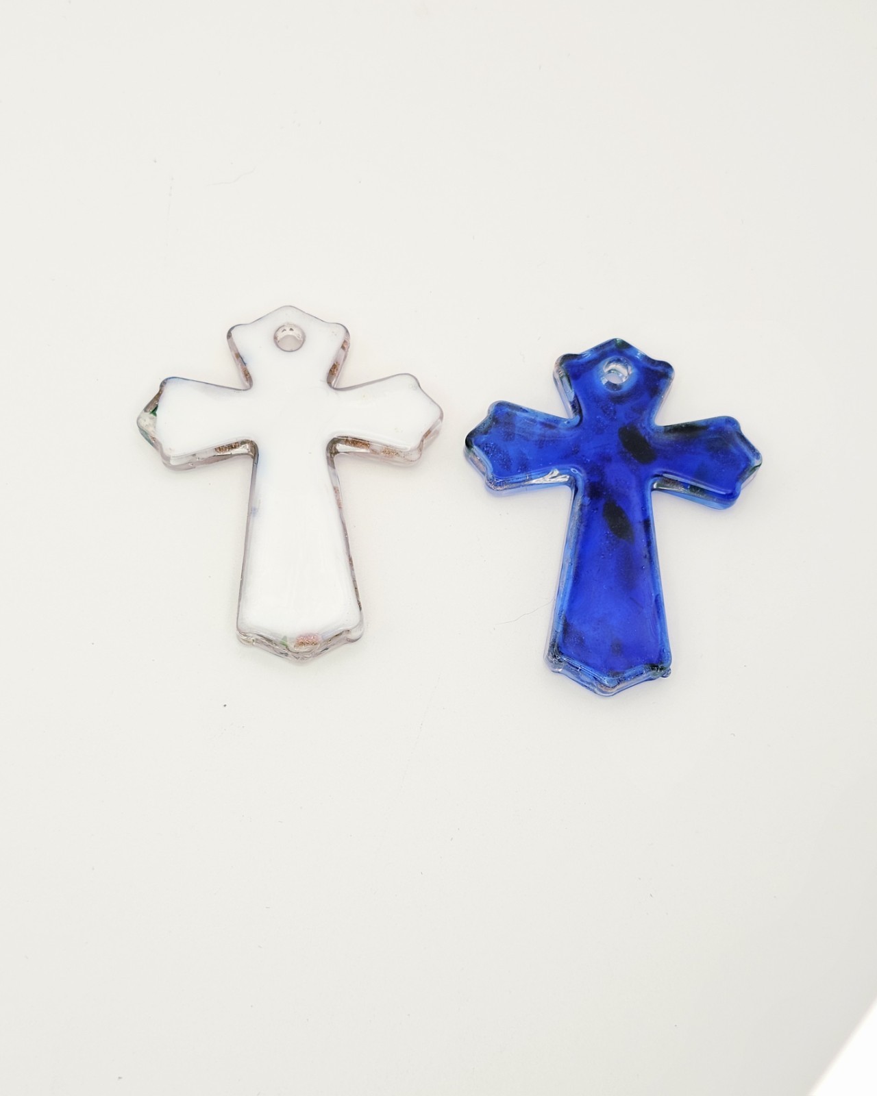 2 Handblown Art Glass Cross Set – White & Blue With Gold Glitter