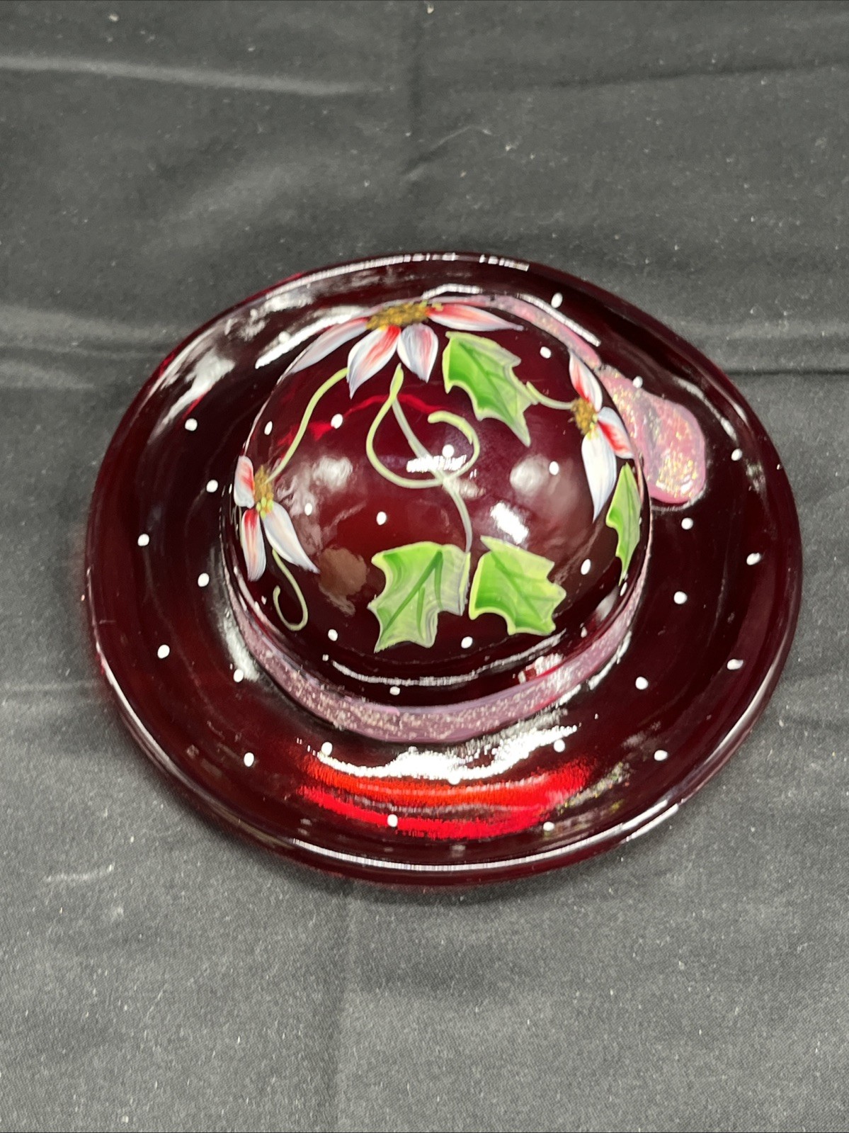 Fenton 100th Anniversary Red Hand Blown Glass Ladies Hat Hand Painted Signed