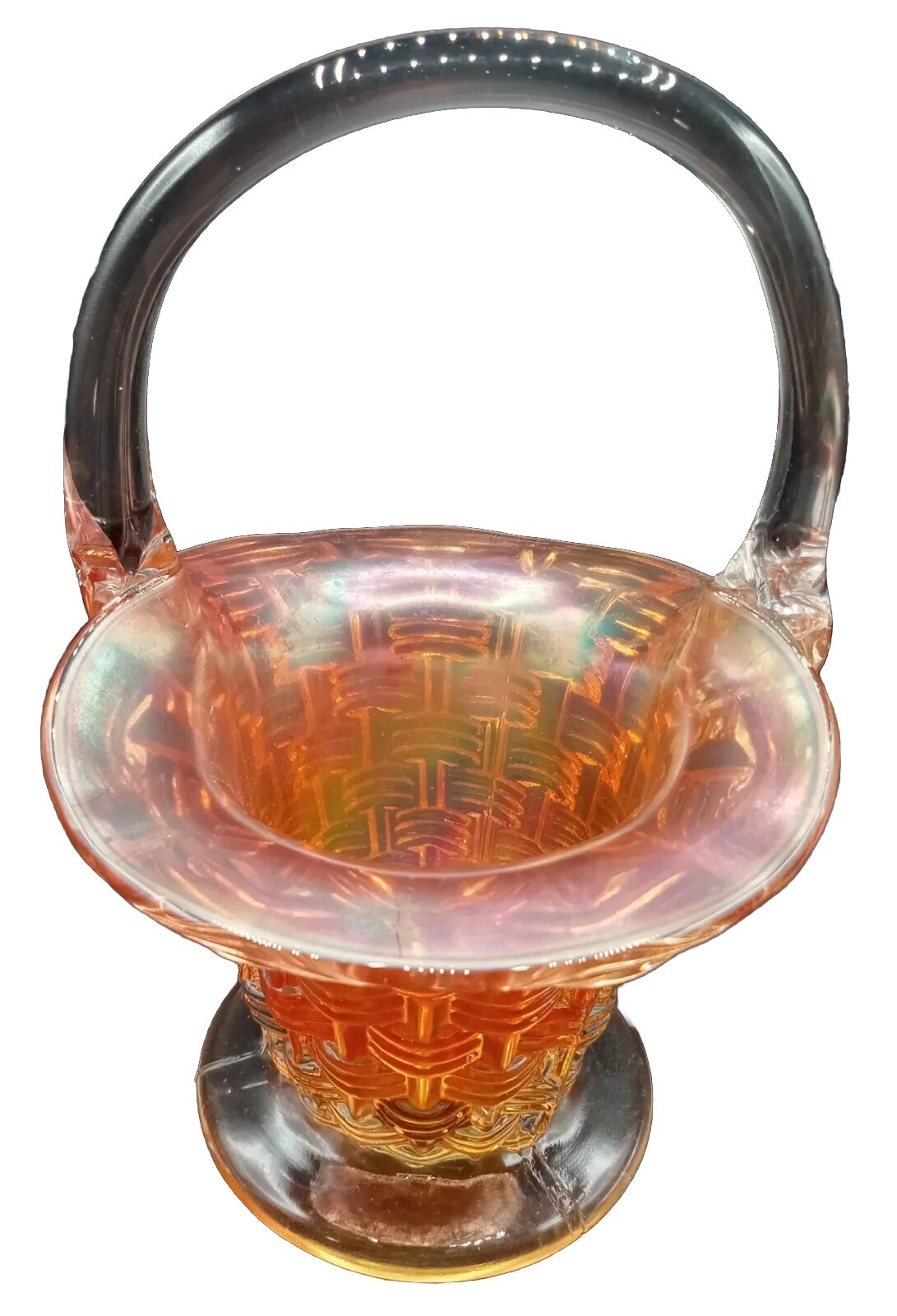 Orange Basket Weave Glass Basket 7 inches Tall 5 inches wide