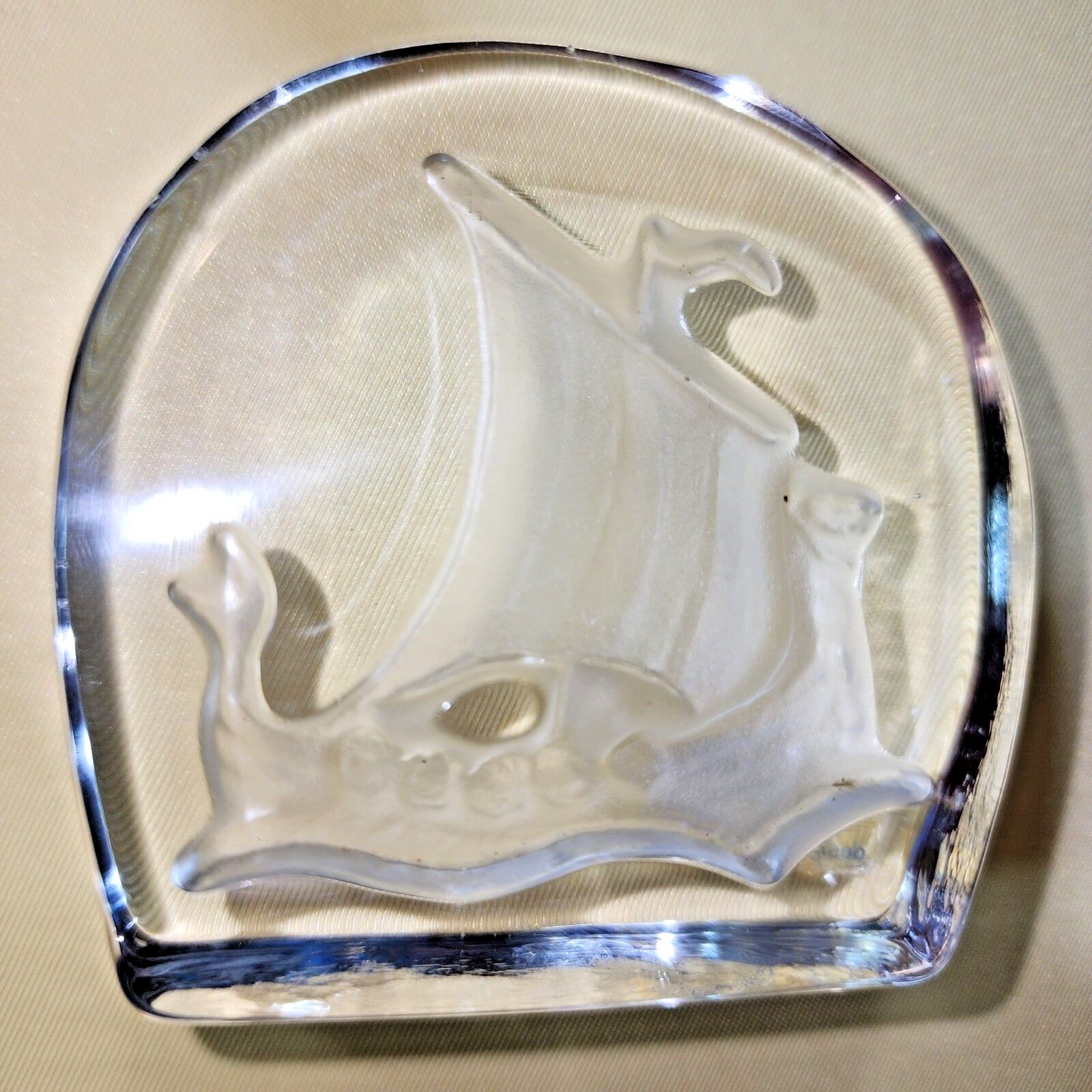 Crystal Ship Paperweight Scandinavian Glass Nybro Sweden Rune Strand Design