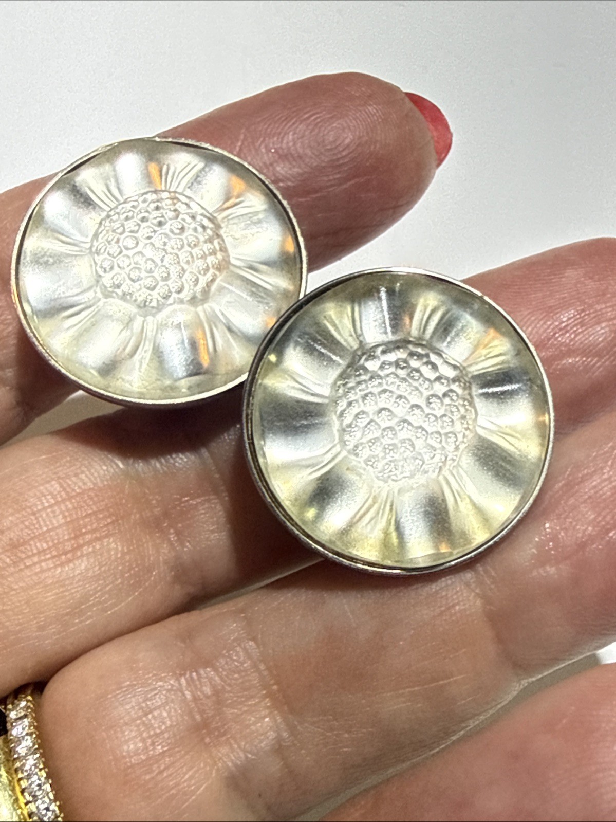 Vintage Lalique Glass Floral Design Sterling Silver Clip On Earrings