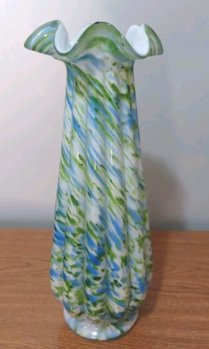 VTG FENTON VASA MURRHINA GLASS 14″ TALL VASE BLUE GREEN ADVENTURINE MINT!