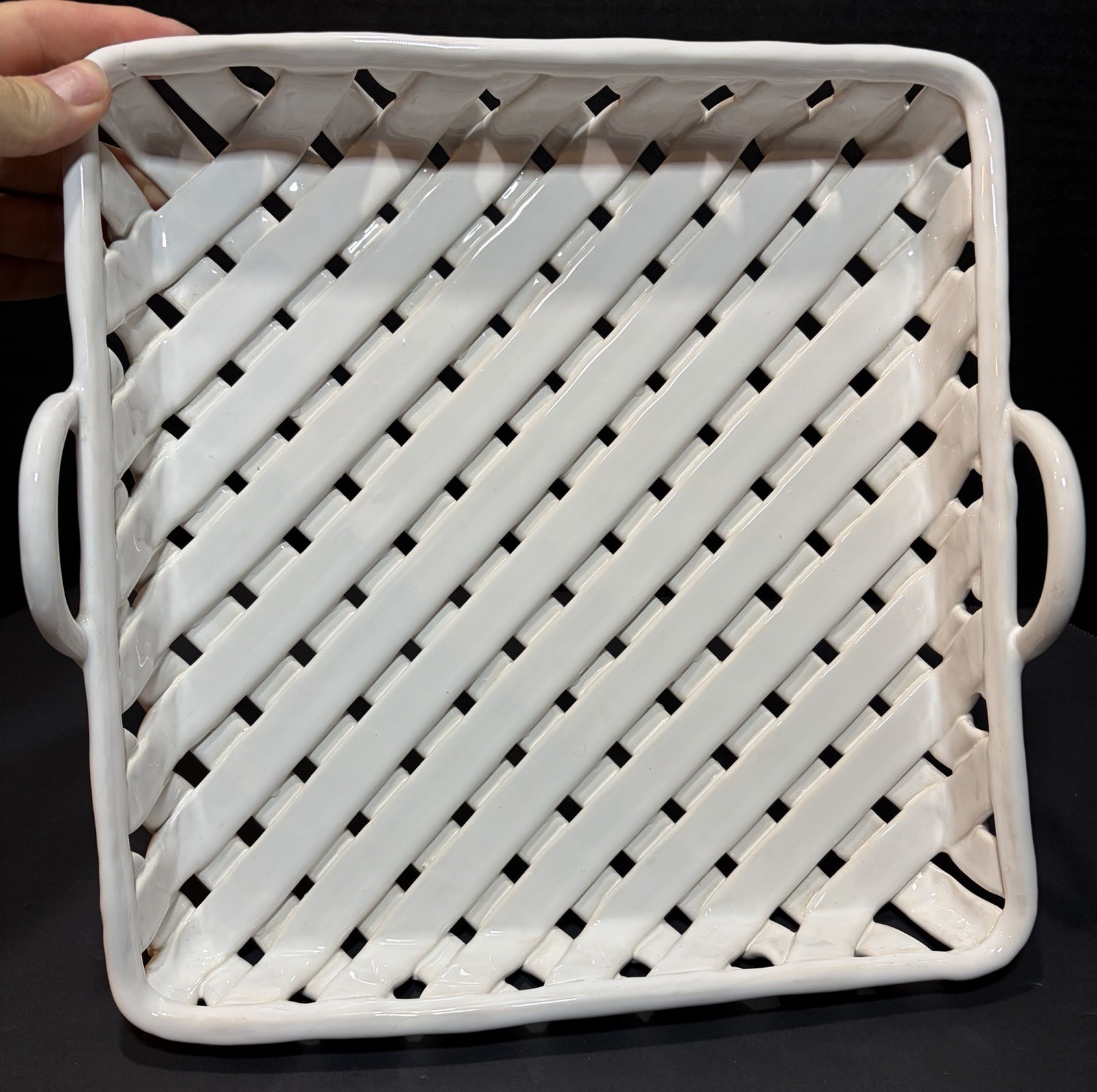 Vntg Portugal White Ceramic Woven Basket Tray Square Lattice Handle Platter 12″