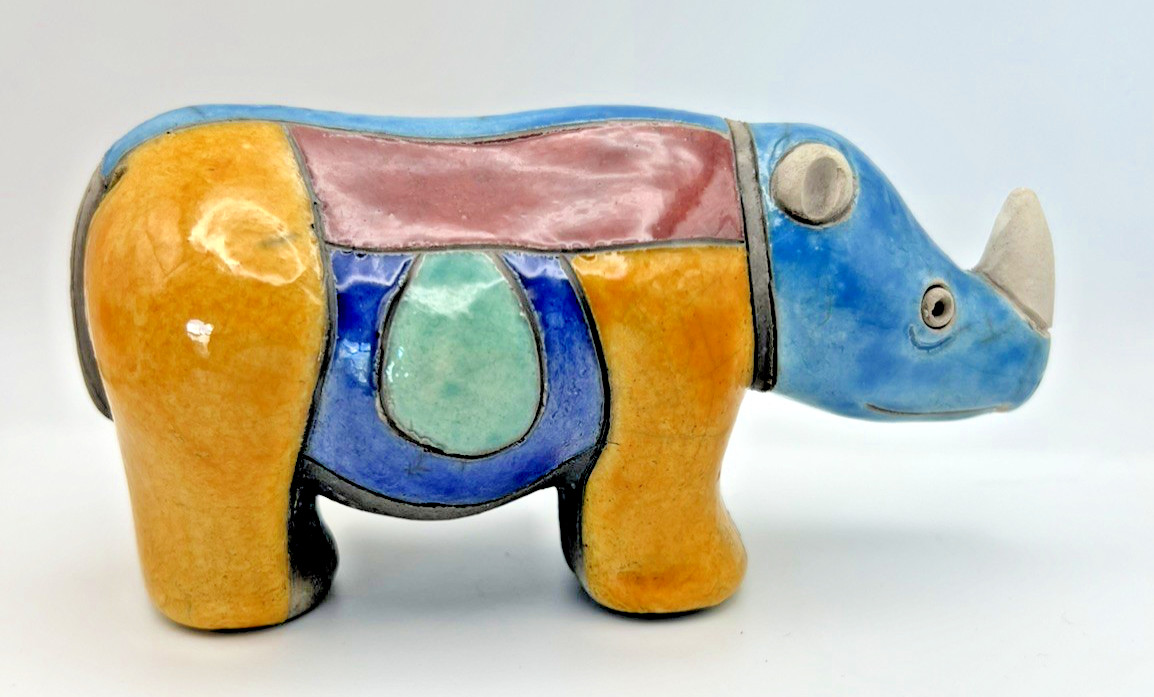 Raku Rhinoceros Figurine, Fenix Pottery, South Africa, Vintage, Handmade