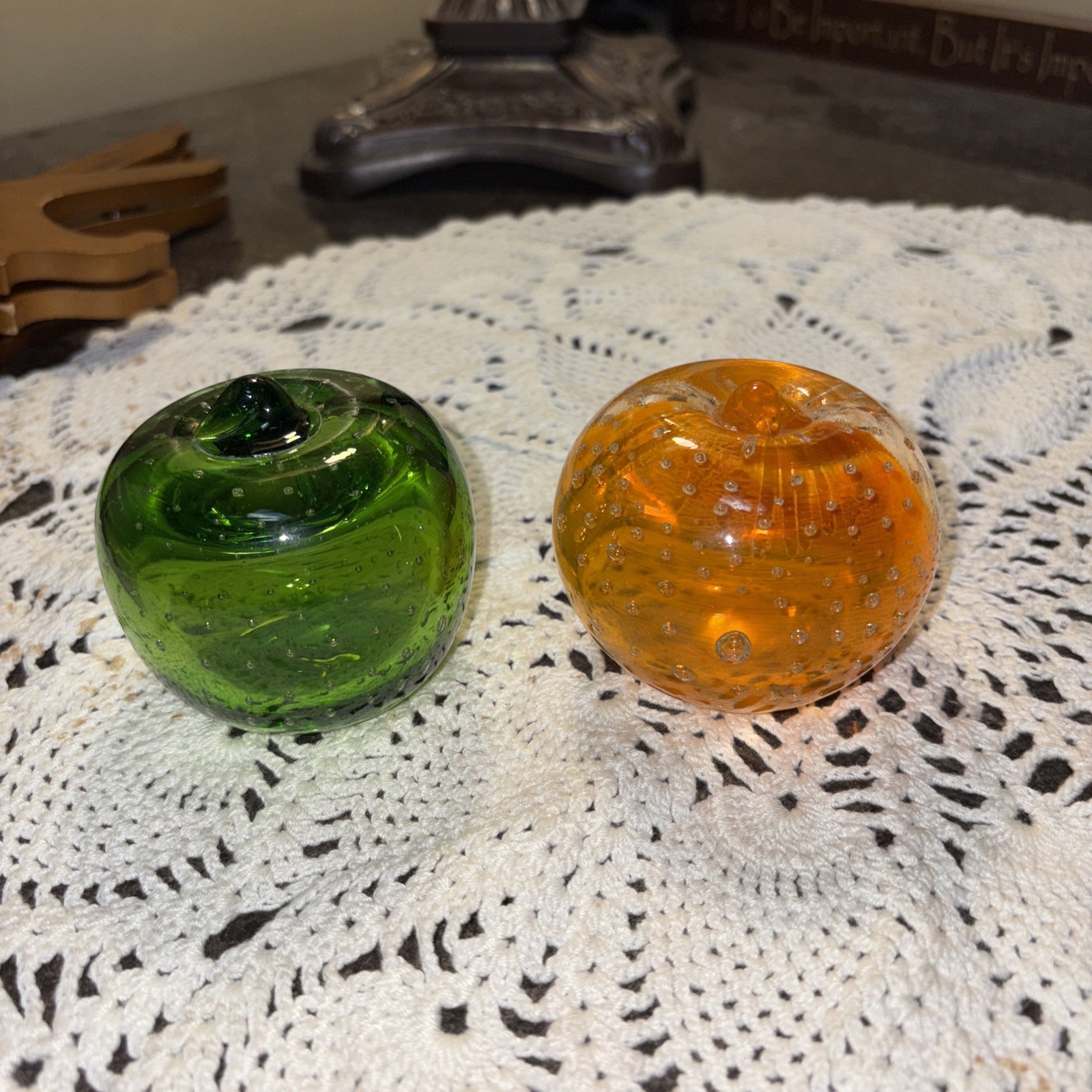 Art Glass Green Apple And Orange Controlled Bubbles Glass Paperweights
