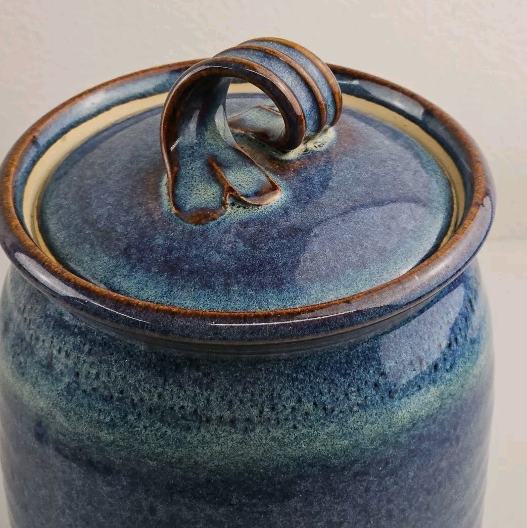 Vintage Studio Art Pottery Cannister Cobalt Blue Shades Artist Signed Marguerite